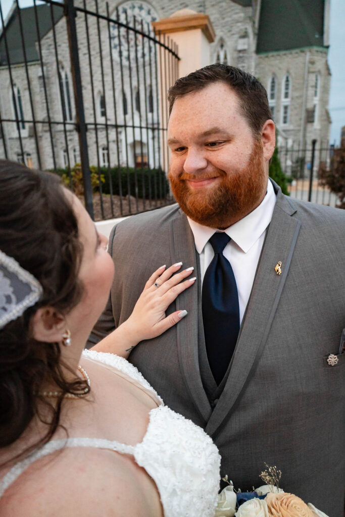 Romantic couples portraits outside Barnett on Washington with warm fall lighting